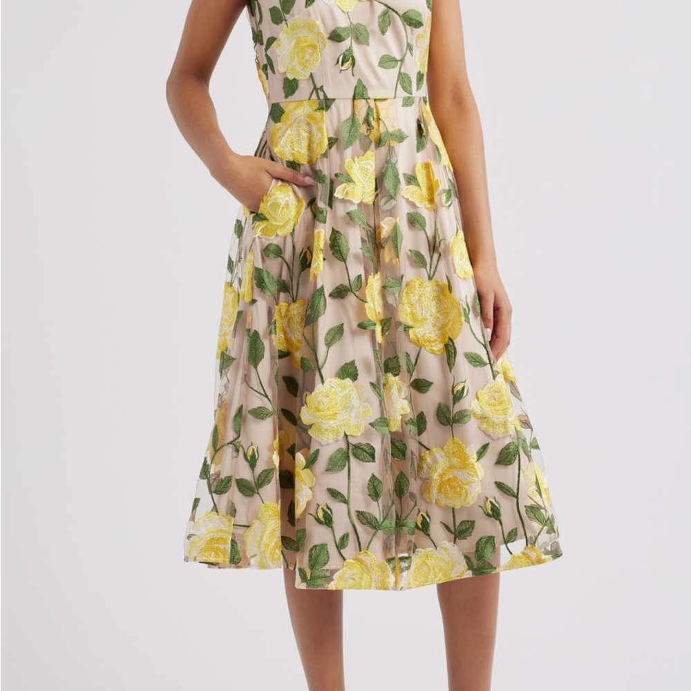 Tahari ASL Yellow Floral Midi Dress